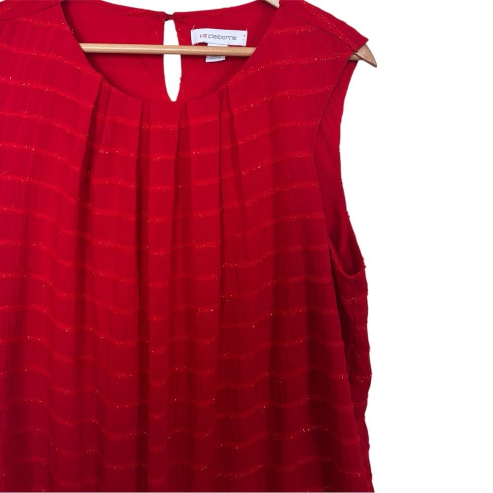 Liz Claiborne Red Sleeveless Pleated Blouse with Subtle Metallic Threads